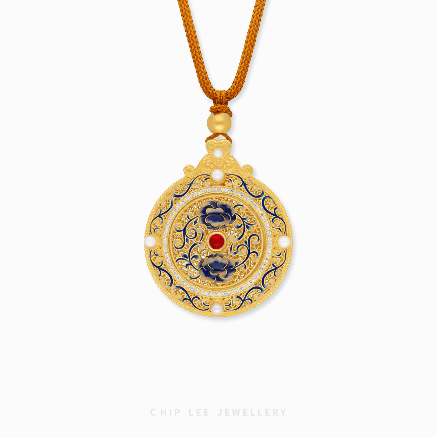 999 Pure Gold Blue Enamel Batik Gu Fa Jin Necklace