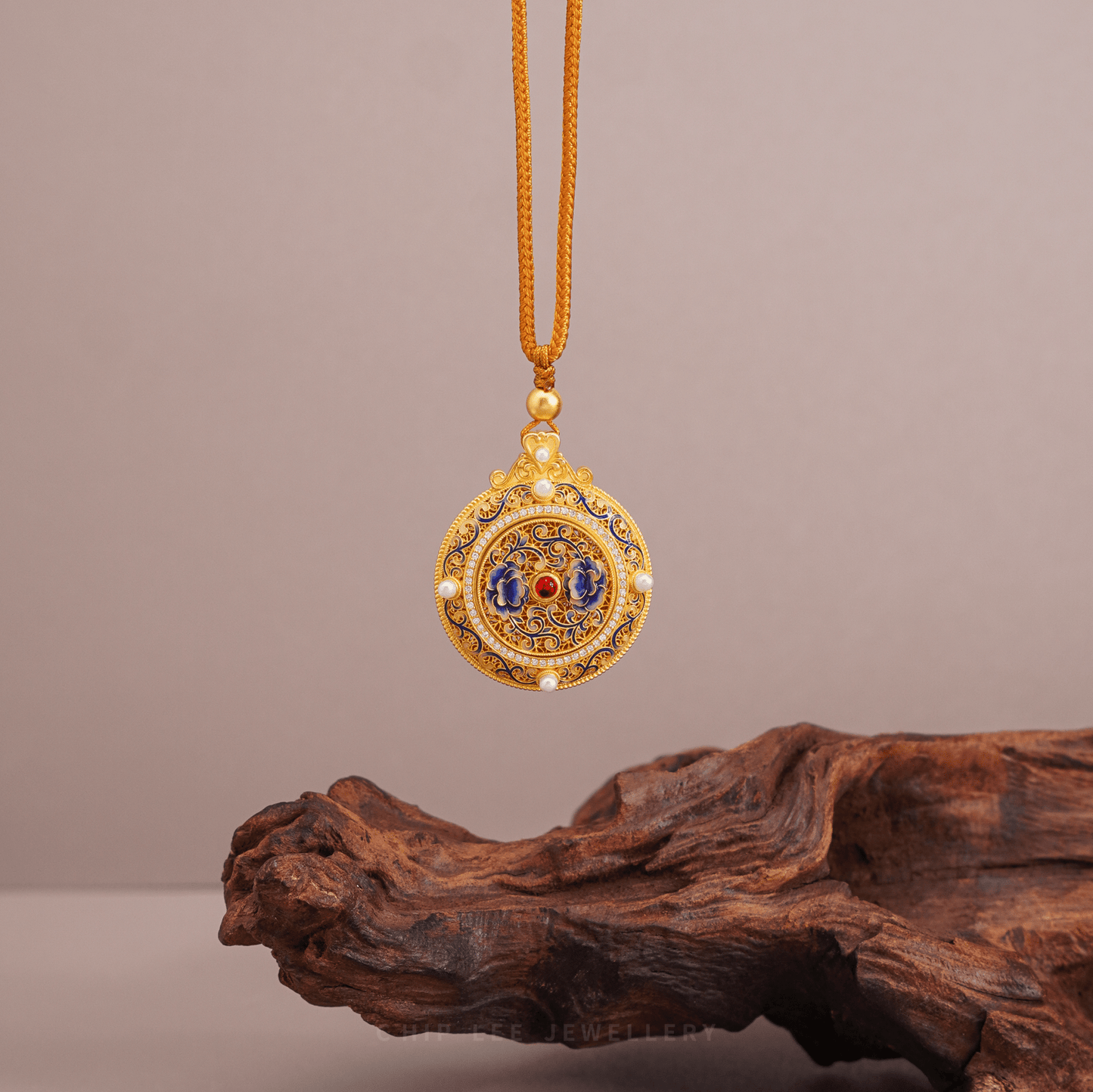 999 Pure Gold Blue Enamel Batik Gu Fa Jin Necklace