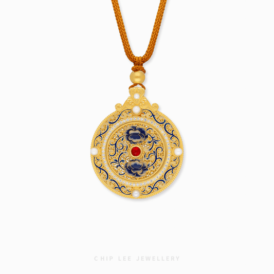 999 Pure Gold Blue Enamel Batik Gu Fa Jin Necklace
