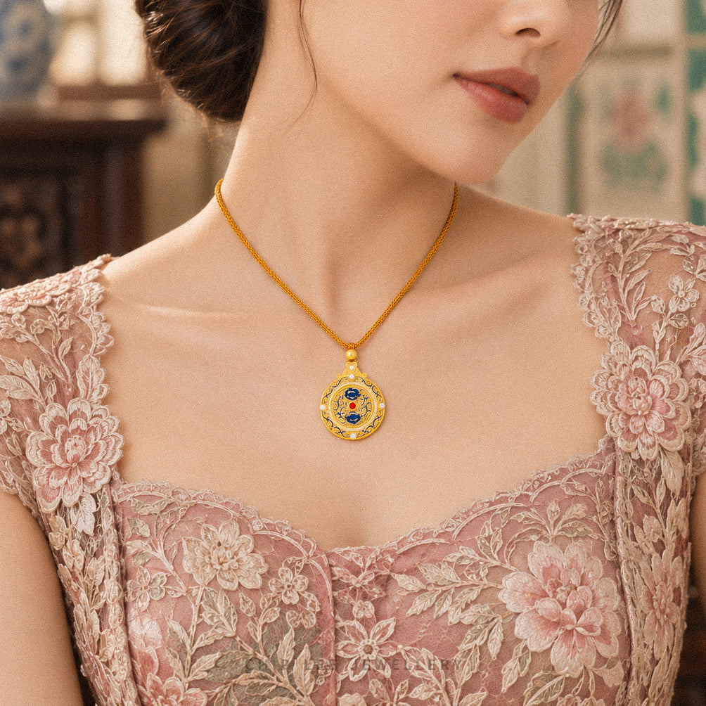 999 Pure Gold Blue Enamel Batik Necklace