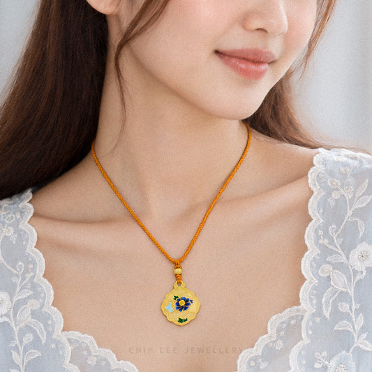 999 Pure Gold Blue Enamel Bloom Necklace