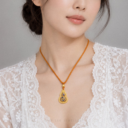 999 Pure Gold Blue Enamel Prosperity Hu Lu ( 葫芦) Necklace