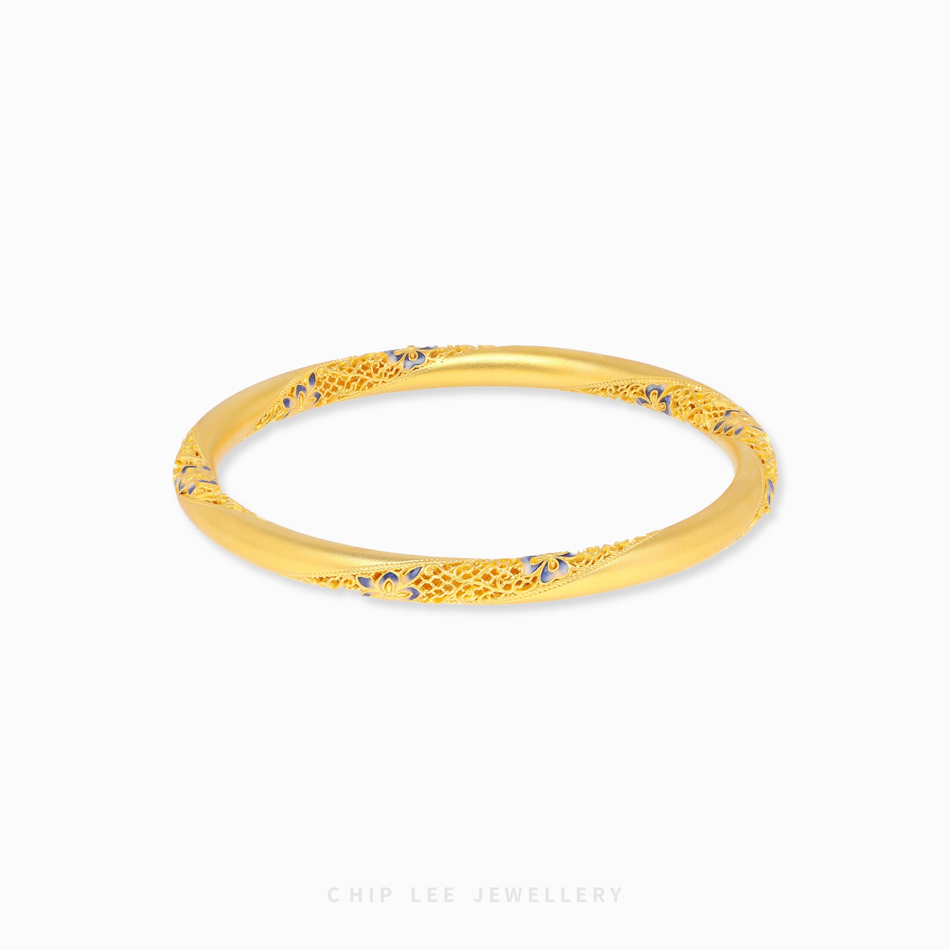 999 Pure Gold Blue Serenity Flora Gu Fa Jin Bangle, crafted using ancient goldsmithing techniques.