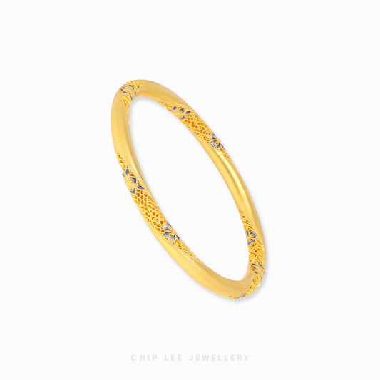 999 Pure Gold Blue Serenity Flora Gu Fa Jin Bangle, crafted using ancient goldsmithing techniques.