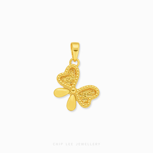 A gold Bow Pendant with intricate cutout detailing on its wings and a beaded border, shown on a clean white background with the brand name 'CHIP LEE JEWELLERY' at the bottom.