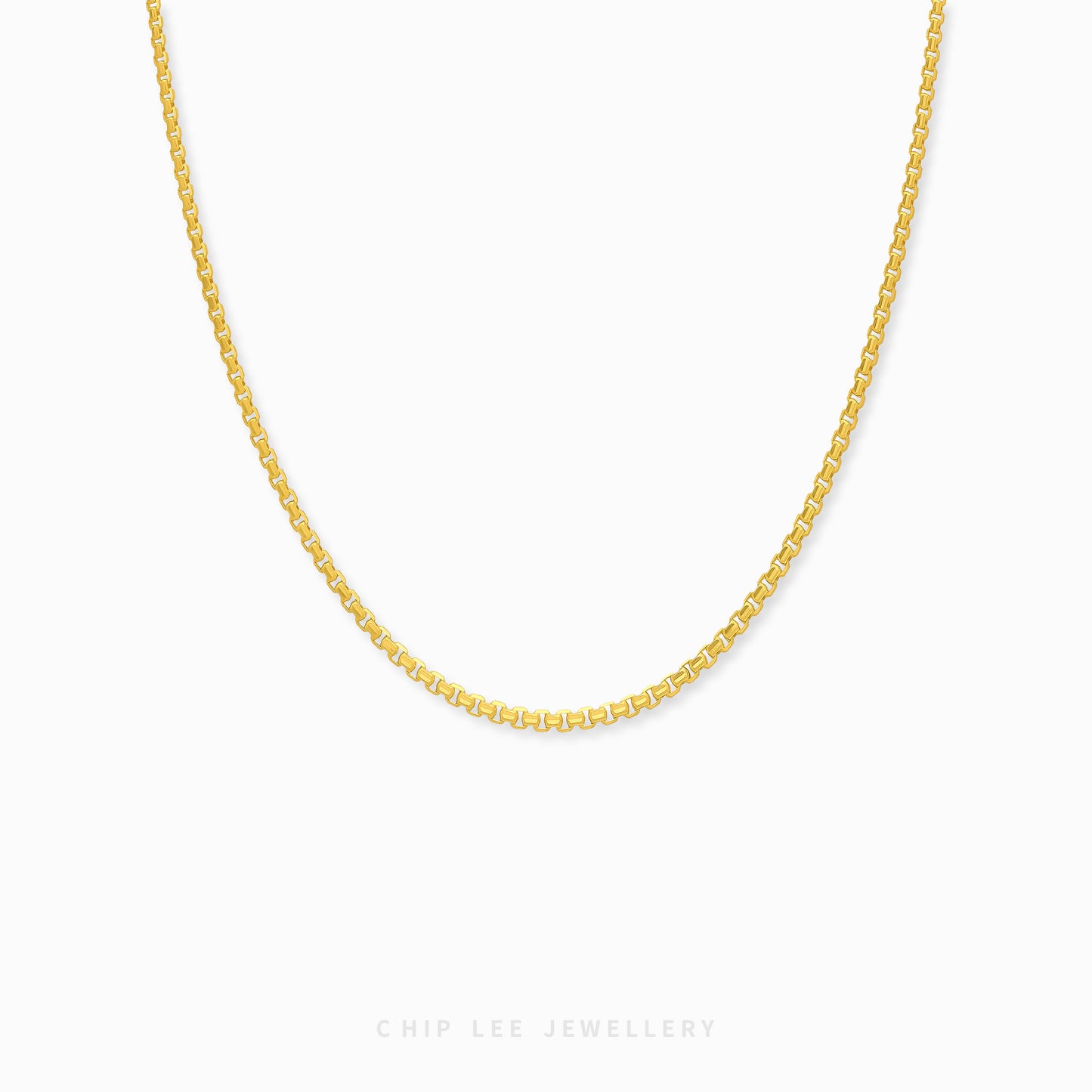 999 Pure Gold Box Link Chain Necklace with interlocking box-shaped links in 24K solid gold by Chip Lee Jewellery Singapore