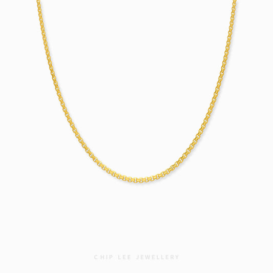 999 Pure Gold Box Link Chain Necklace with interlocking box-shaped links in 24K solid gold by Chip Lee Jewellery Singapore