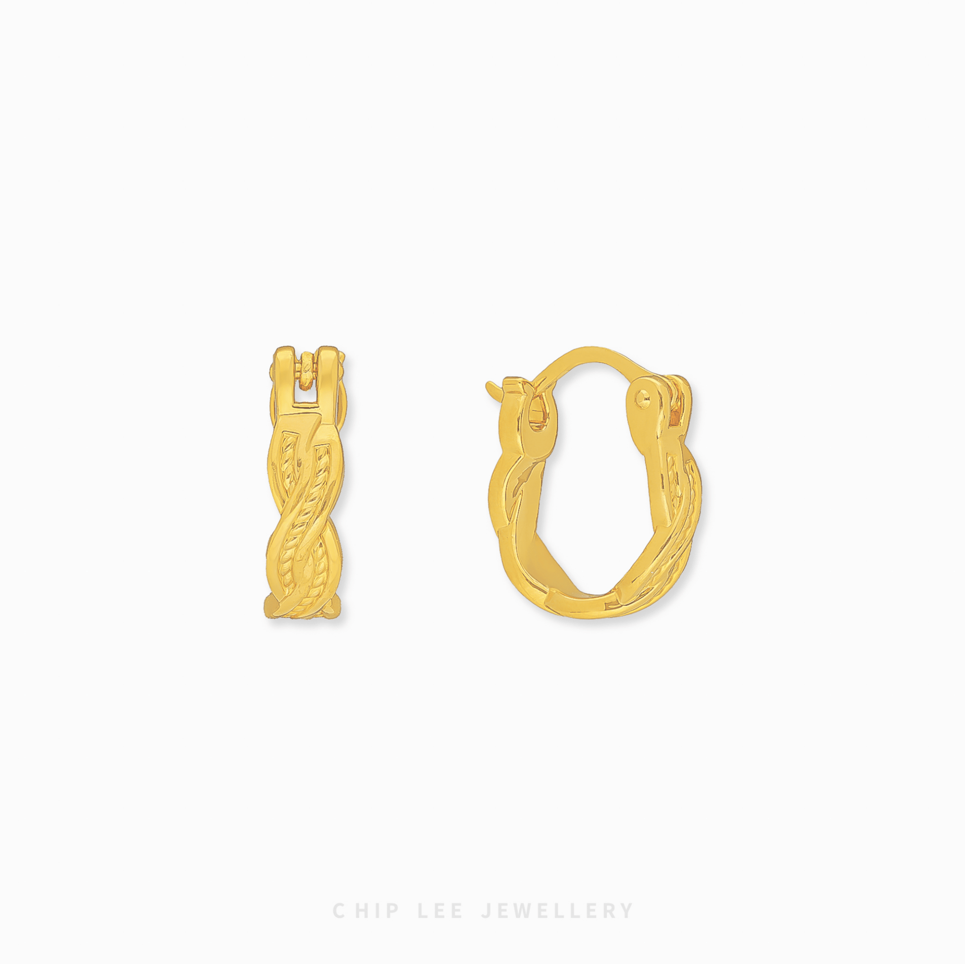 Chip Lee Jewellery Singapore Braided Hoop Earrings 999 Gold for women. Intricate woven design gold hoops. Modern, textured accessory.