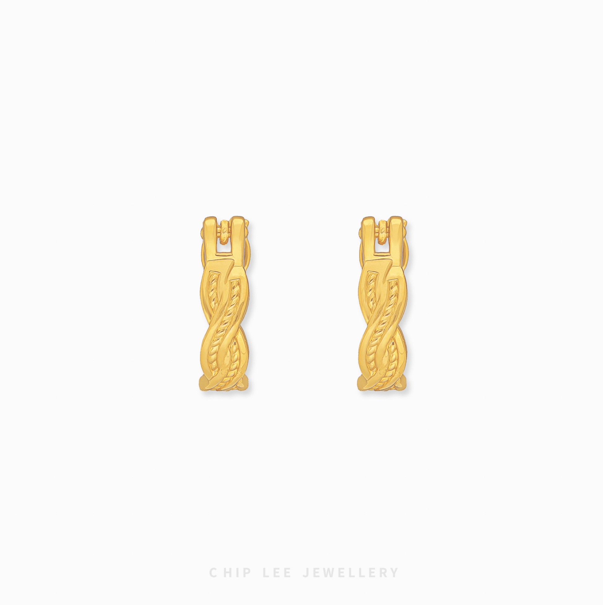 Chip Lee Jewellery Singapore Braided Hoop Earrings 999 Gold for women. Intricate woven design gold hoops. Modern, textured accessory.