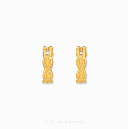 Chip Lee Jewellery Singapore Braided Hoop Earrings 999 Gold for women. Intricate woven design gold hoops. Modern, textured accessory.