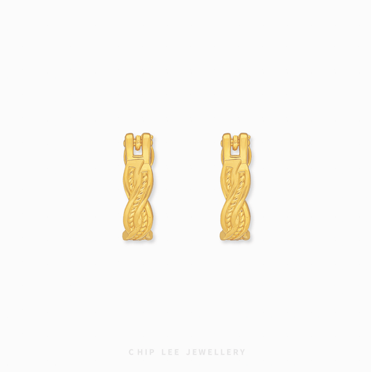 Chip Lee Jewellery Singapore Braided Hoop Earrings 999 Gold for women. Intricate woven design gold hoops. Modern, textured accessory.