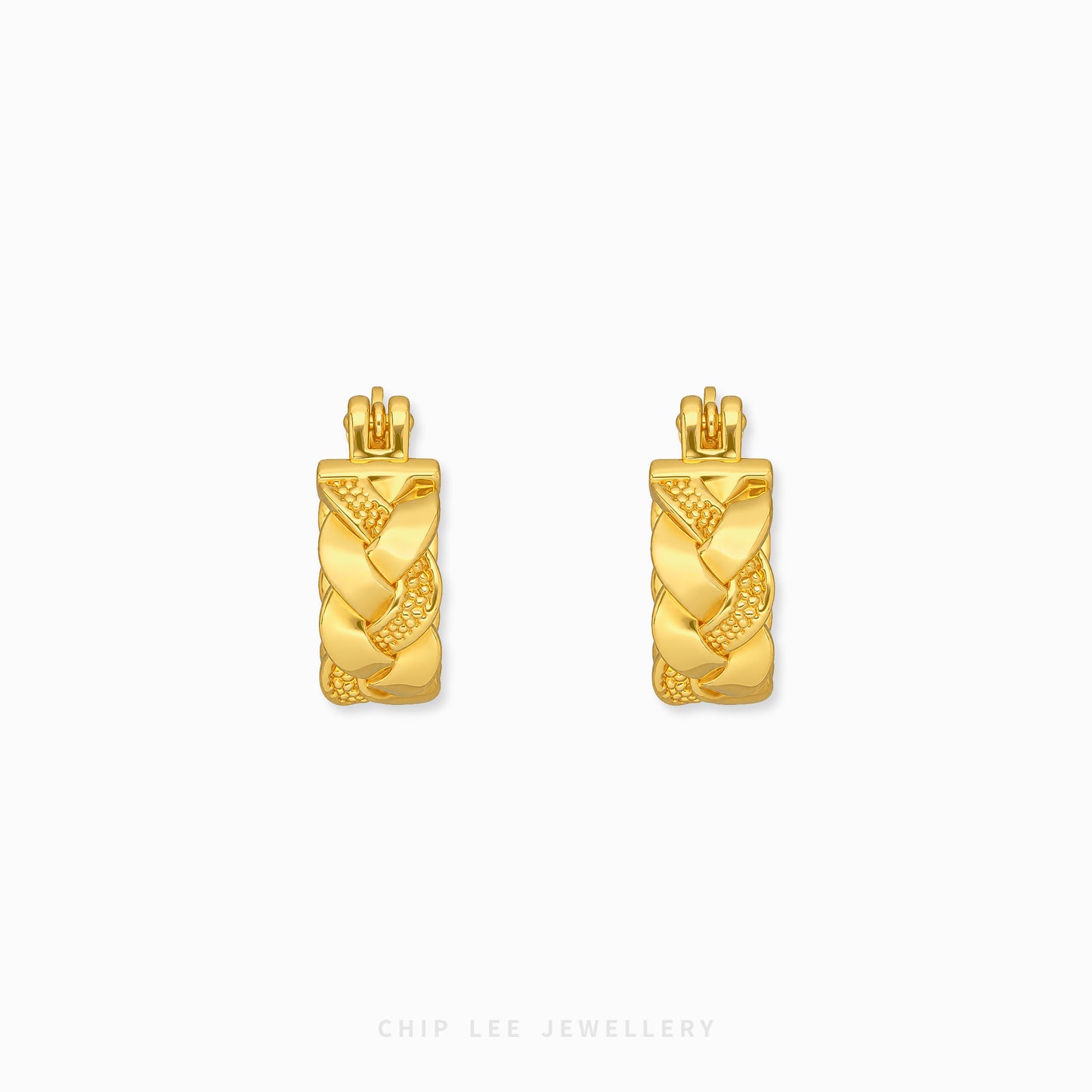 A pair of gold huggie hoop earrings with a textured braided and diamond-patterned design, shown on a clean white background with the brand name 'CHIP LEE JEWELLERY' at the bottom.