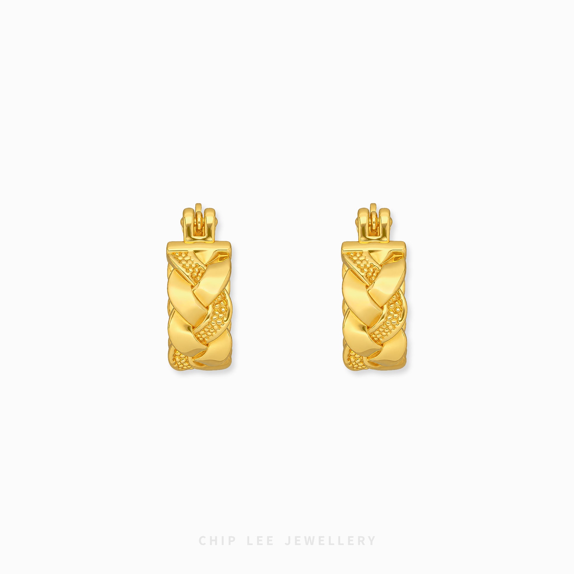 A pair of gold huggie hoop earrings with a textured braided and diamond-patterned design, shown on a clean white background with the brand name 'CHIP LEE JEWELLERY' at the bottom.