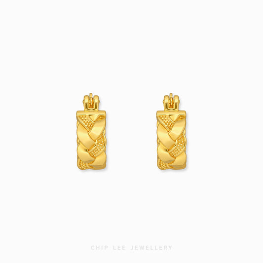 A pair of gold huggie hoop earrings with a textured braided and diamond-patterned design, shown on a clean white background with the brand name 'CHIP LEE JEWELLERY' at the bottom.