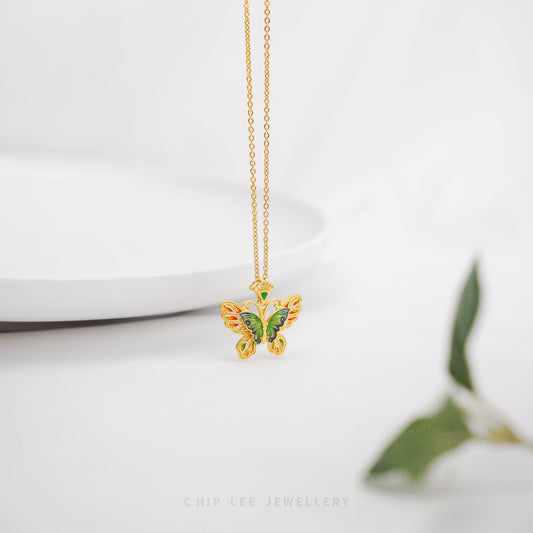 999 Pure Gold Butterfly Gu Fa Jin Necklace, symbolising transformation and hope.