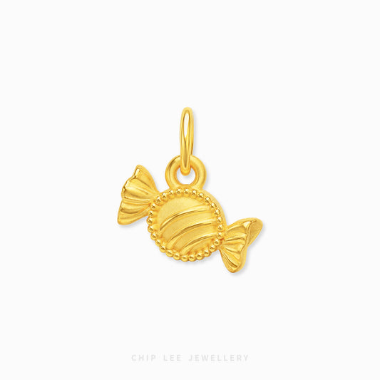 A gold candy charm pendant with a textured ribbed body, decorative beaded border, and a top loop, shown on a clean white background with 'CHIP LEE JEWELLERY' text at the bottom.