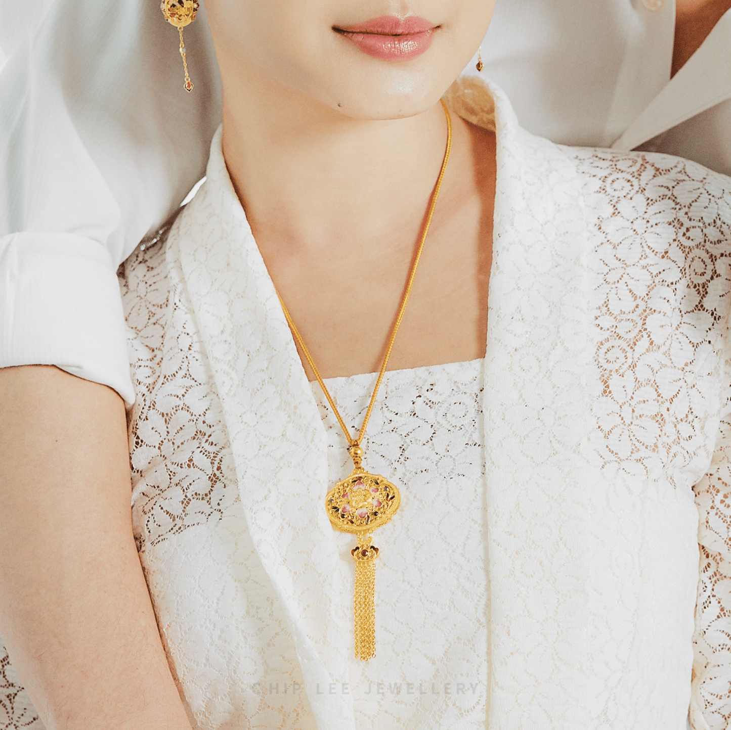 999 Pure Gold Celestial Bloom Gu Fa Jin Necklace featuring celestial floral filigree design with delicate tassel chains.