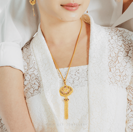 999 Pure Gold Celestial Bloom Gu Fa Jin Necklace featuring celestial floral filigree design with delicate tassel chains.