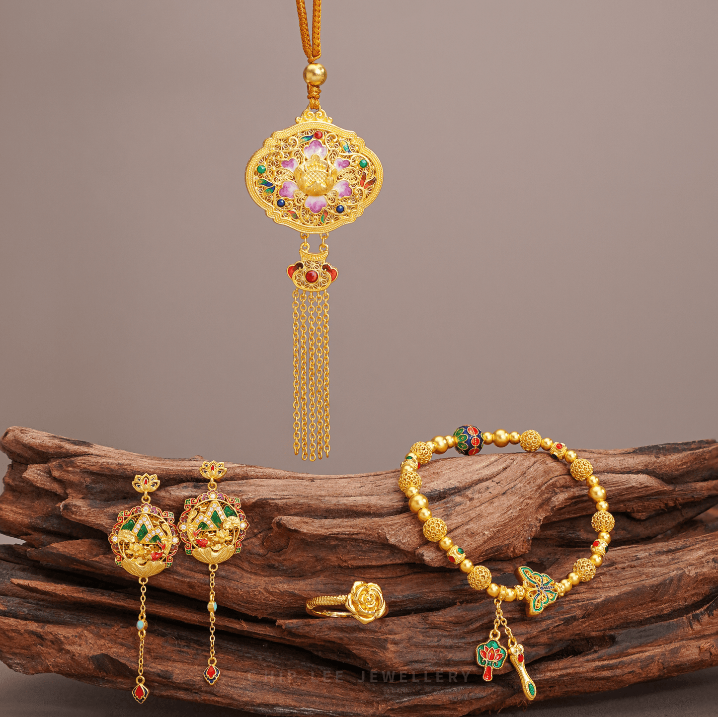 999 Pure Gold Celestial Bloom Gu Fa Jin Necklace featuring celestial floral filigree design with delicate tassel chains.