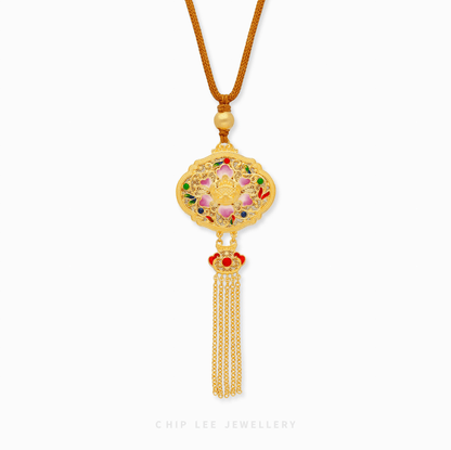 999 Pure Gold Celestial Bloom Gu Fa Jin Necklace featuring celestial floral filigree design with delicate tassel chains.