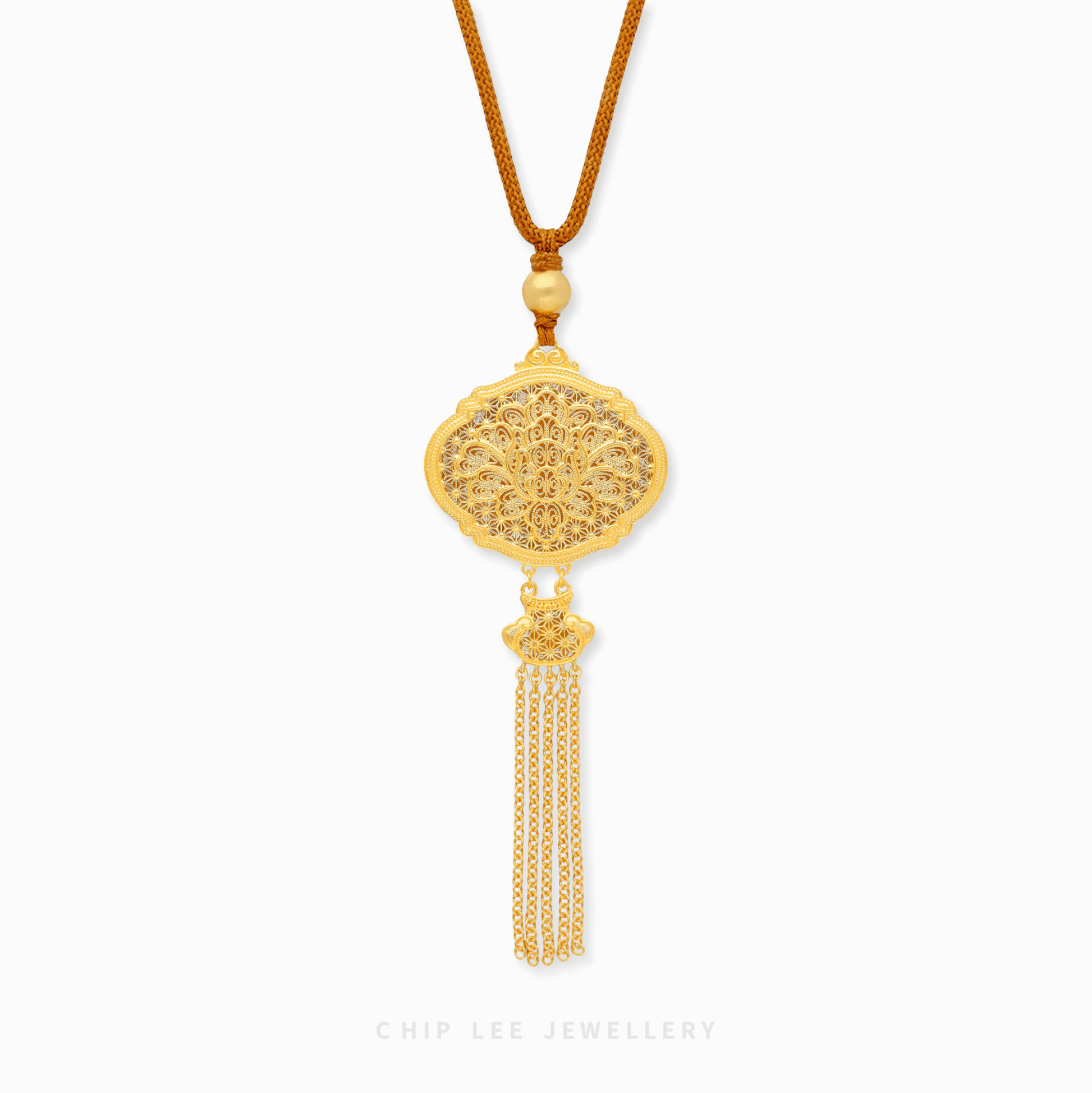 999 Pure Gold Celestial Bloom Gu Fa Jin Necklace featuring celestial floral filigree design with delicate tassel chains.