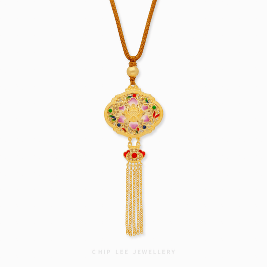 999 Pure Gold Celestial Bloom Gu Fa Jin Necklace featuring celestial floral filigree design with delicate tassel chains.