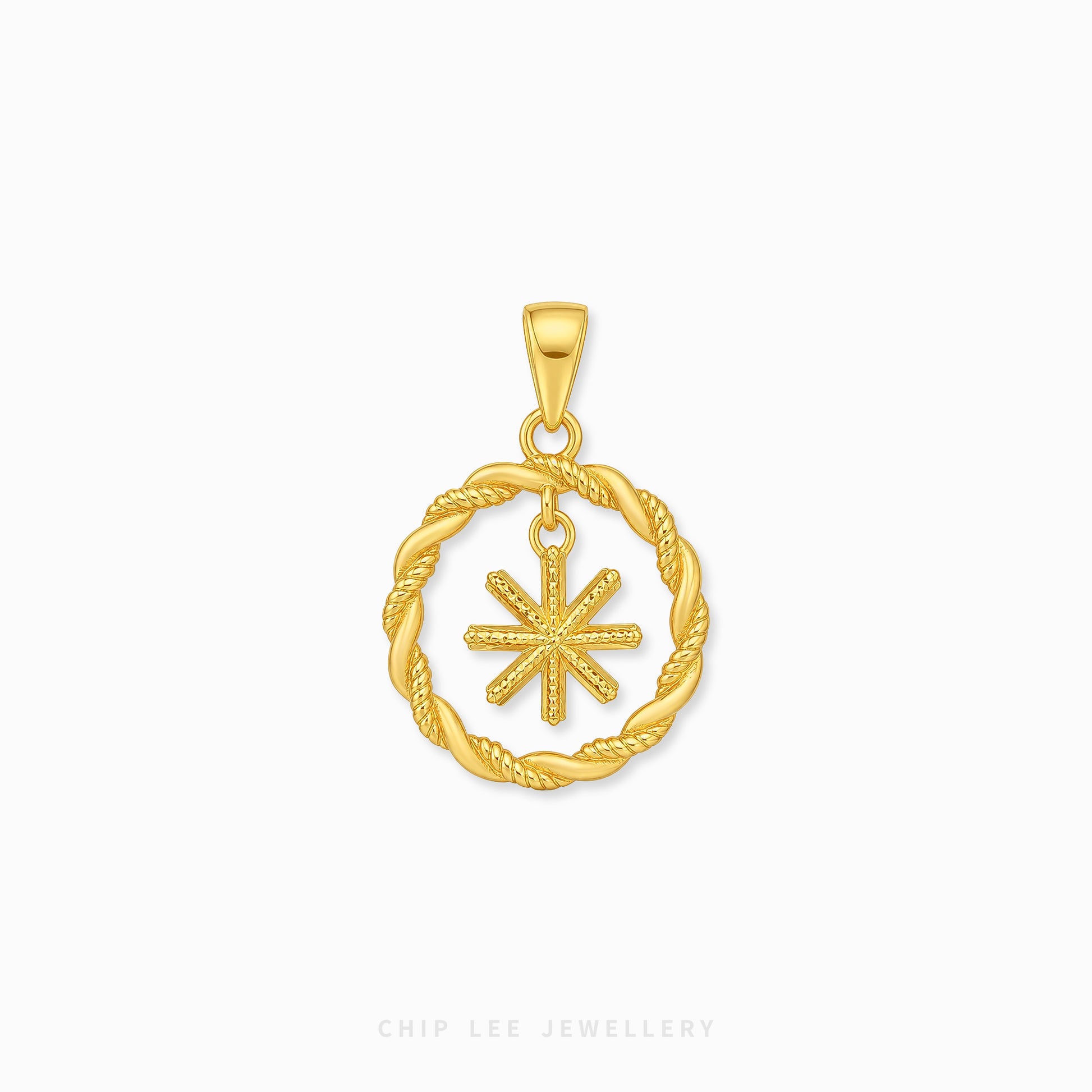 A gold pendant featuring a twisted rope circular frame with a hanging eight-pointed star or asterism symbol, shown on a plain white background with 'CHIP LEE JEWELLERY' text at the bottom.