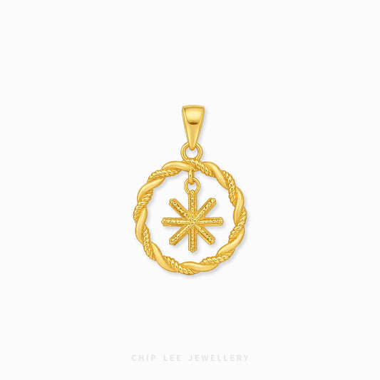 A gold pendant featuring a twisted rope circular frame with a hanging eight-pointed star or asterism symbol, shown on a plain white background with 'CHIP LEE JEWELLERY' text at the bottom.