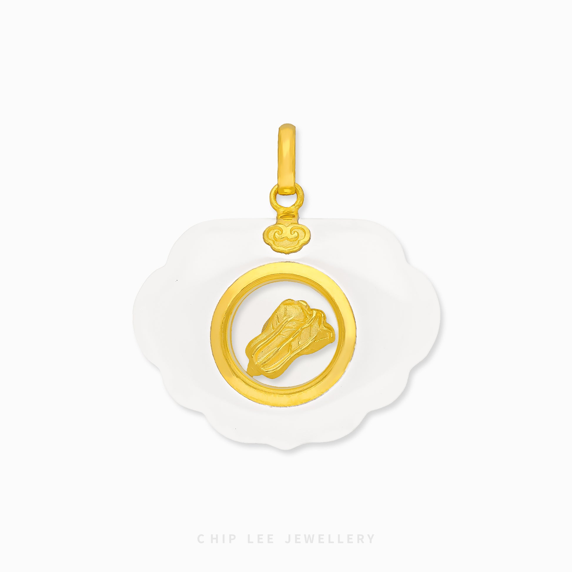 999 Gold Cloud Spinning Cabbage Pendant with He Tian jade, symbolising prosperity and abundance. Certified for purity by the Singapore Assay Office.