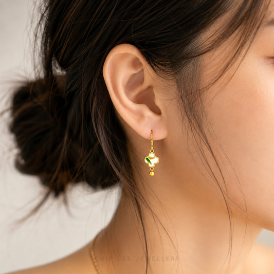 999 Pure Gold Clover He Tian Jade Earring