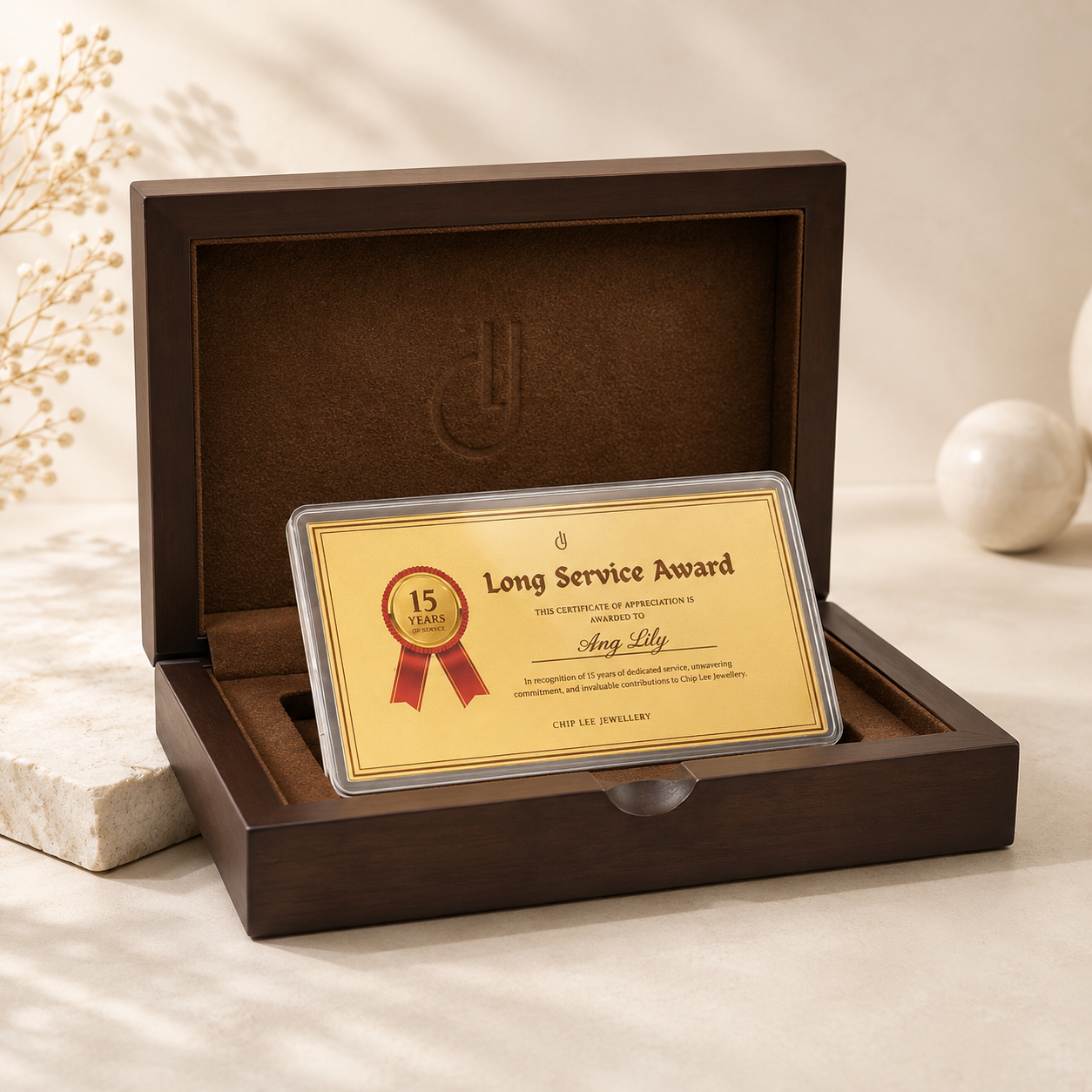 999 Pure Gold Customisable Gold Card personalised with custom award title, company logo, recipient name and appreciation message, displayed in a premium protective case.