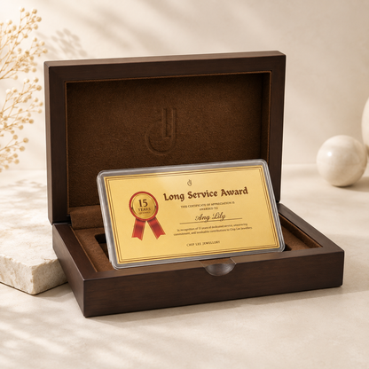 999 Pure Gold Customisable Gold Card personalised with custom award title, company logo, recipient name and appreciation message, displayed in a premium protective case.