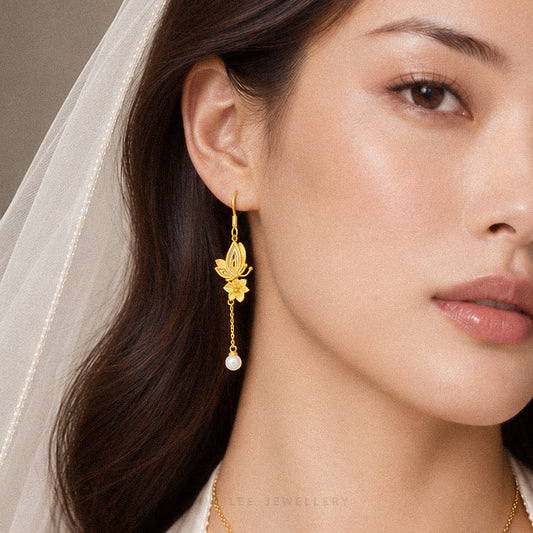 999 Pure Gold Dainty Floral Butterfly Pearl Earring