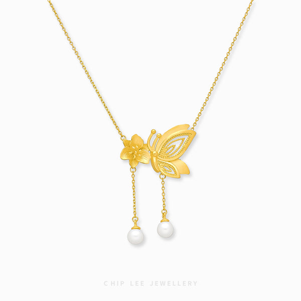 999 Pure Gold Floral Butterfly Pearl Necklace with delicate motifs and a pearl, crafted in solid gold for timeless elegance and charm.