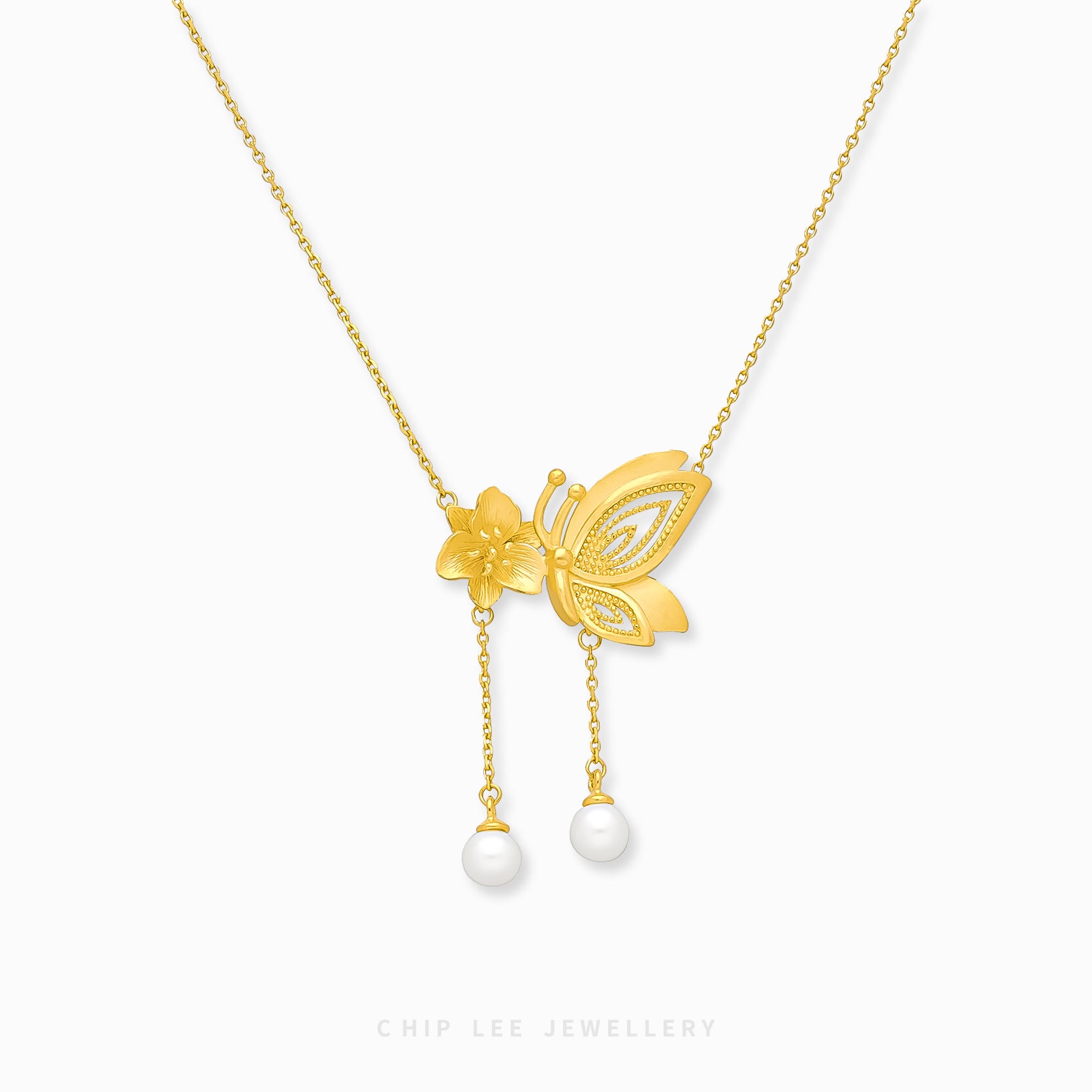 999 Pure Gold Floral Butterfly Pearl Necklace with delicate motifs and a pearl, crafted in solid gold for timeless elegance and charm.