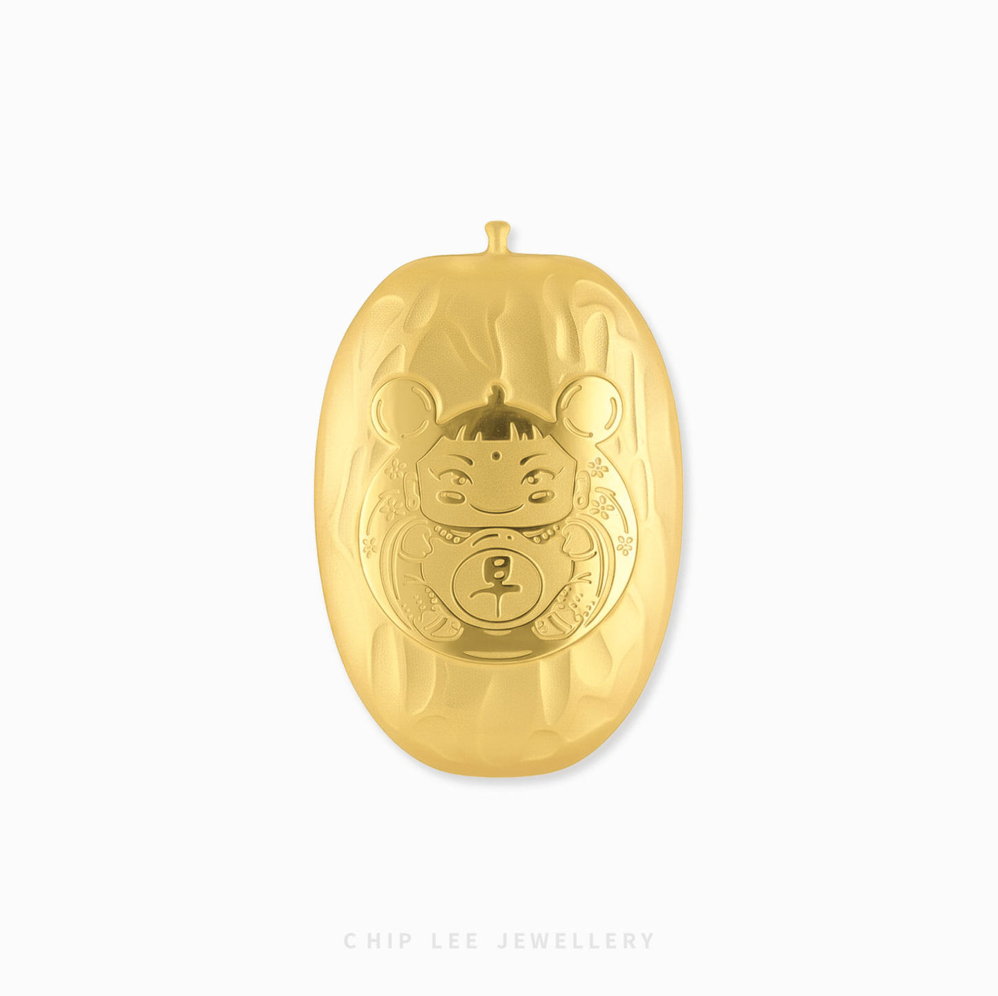 Gold ornament with a face design on a white background