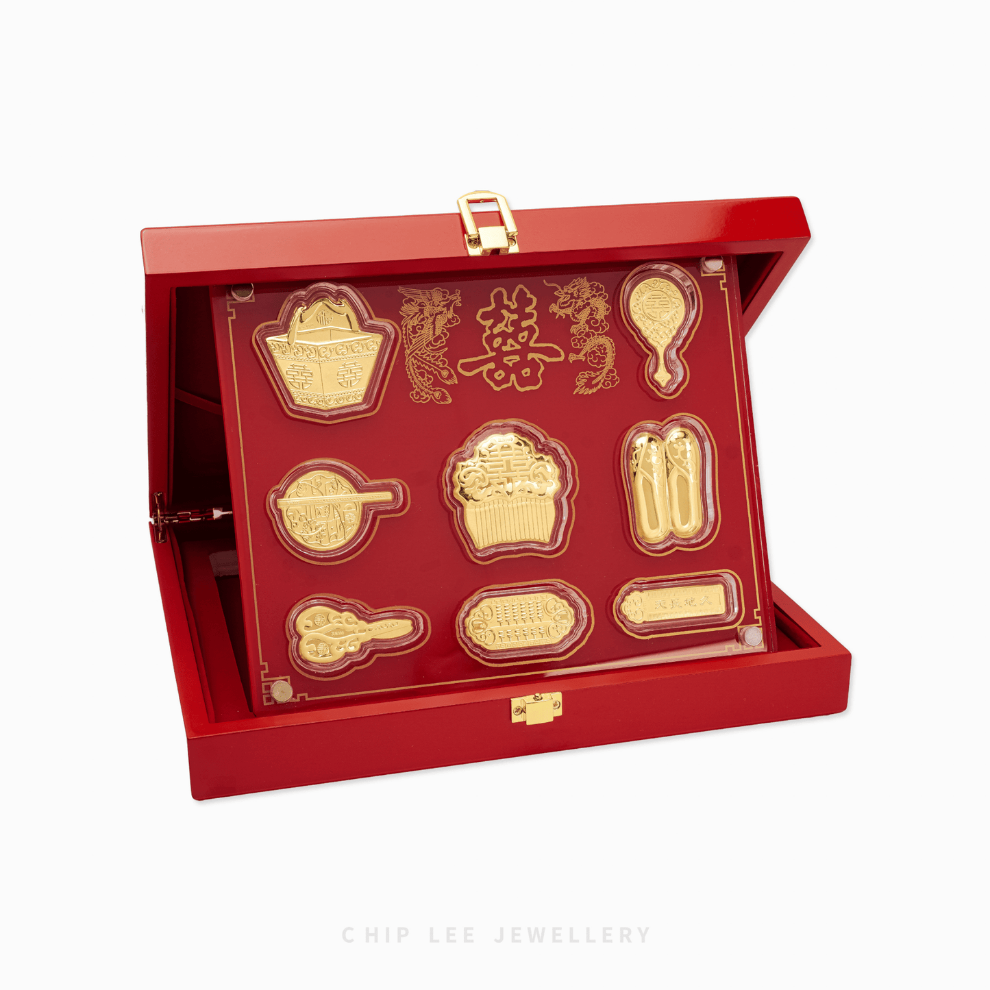 999 Pure Gold Eight Treasures Wedding Collectables set in a premium red gift box for traditional Chinese wedding dowry.