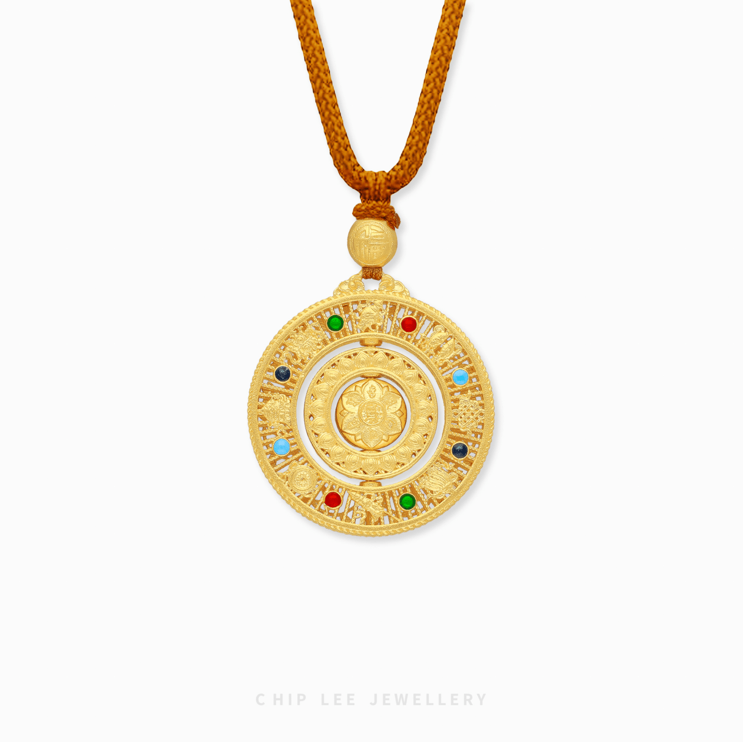 999 Pure Gold Eight Treasures and Blessings Gu Fa Jin Necklace featuring Buddhist Eight Treasures compass motif.
