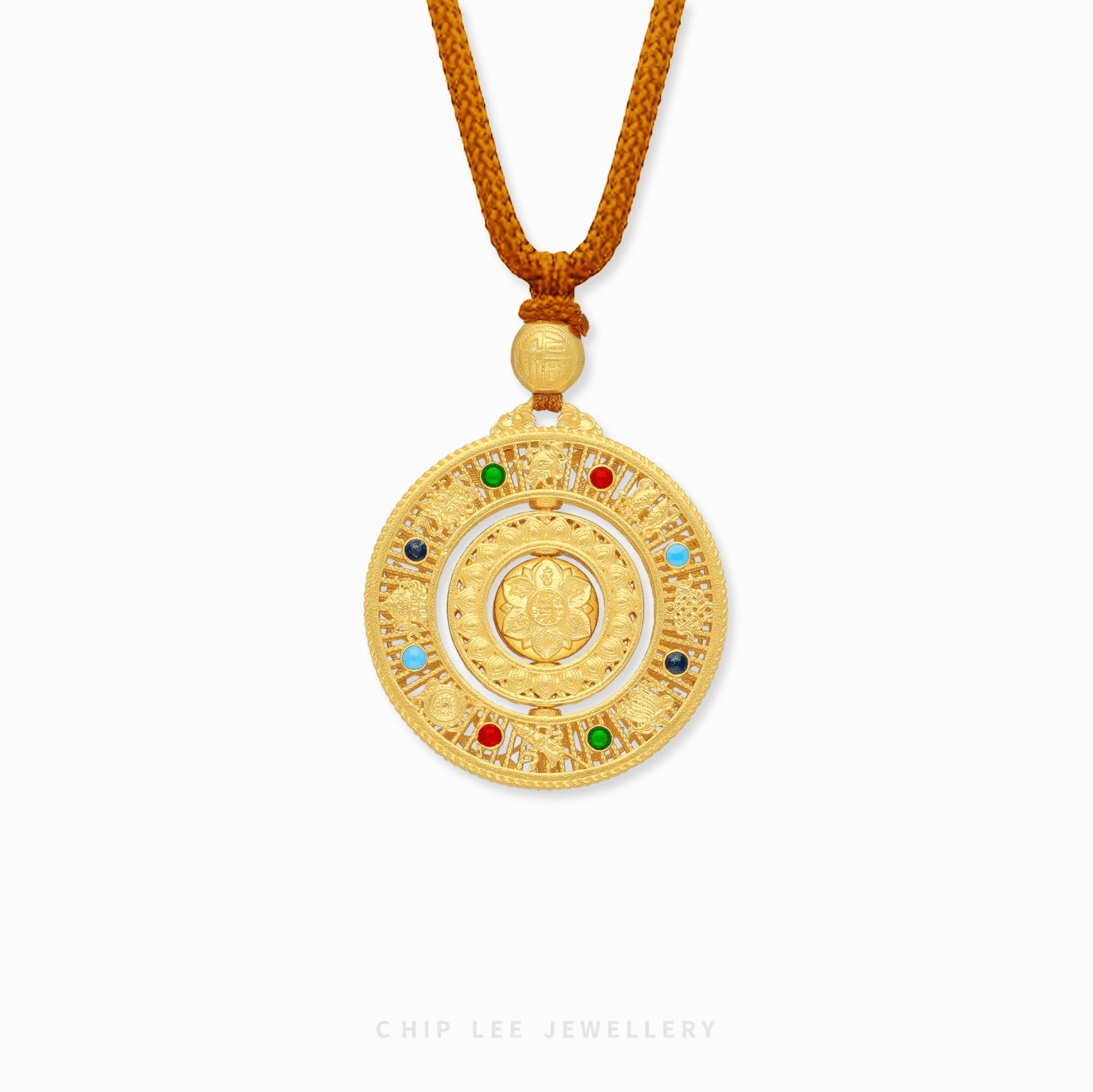 999 Pure Gold Eight Treasures and Blessings Gu Fa Jin Necklace featuring Buddhist Eight Treasures compass motif.
