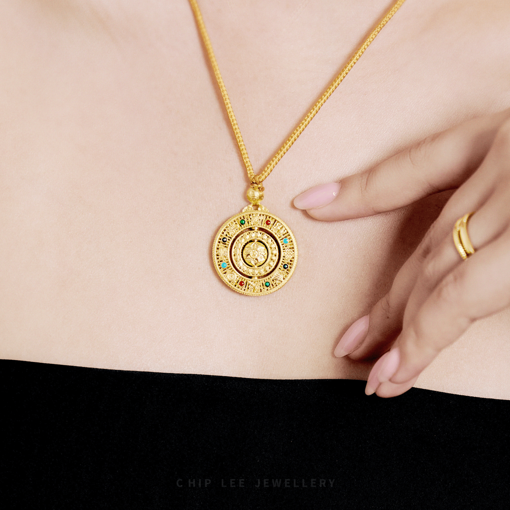 999 Pure Gold Eight Treasures and Blessings Gu Fa Jin Necklace featuring Buddhist Eight Treasures compass motif.