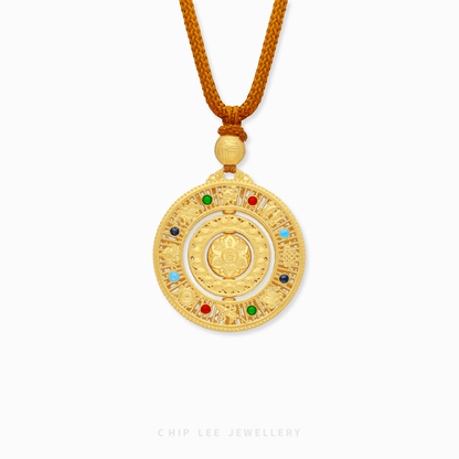 999 Pure Gold Eight Treasures and Blessings Gu Fa Jin Necklace featuring Buddhist Eight Treasures compass motif.