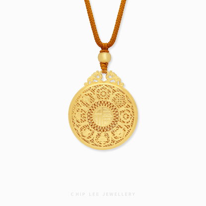 999 Pure Gold Eight Treasures and Blessings Gu Fa Jin Necklace, featuring the Eight Treasures Compass.