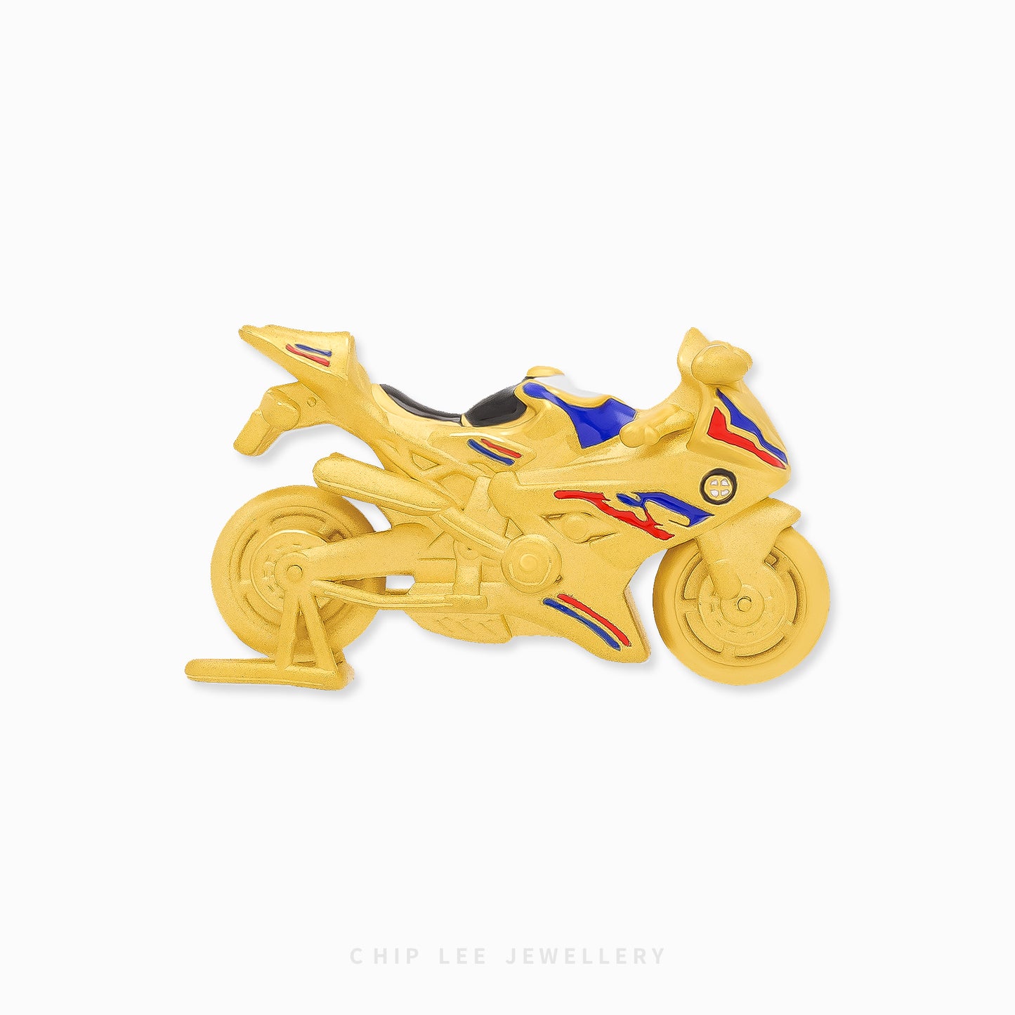 999 Pure Gold Enamel Motorbike Figurine by Chip Lee Jewellery, 24K gold with vibrant enamel detailing, symbolising freedom and luxury