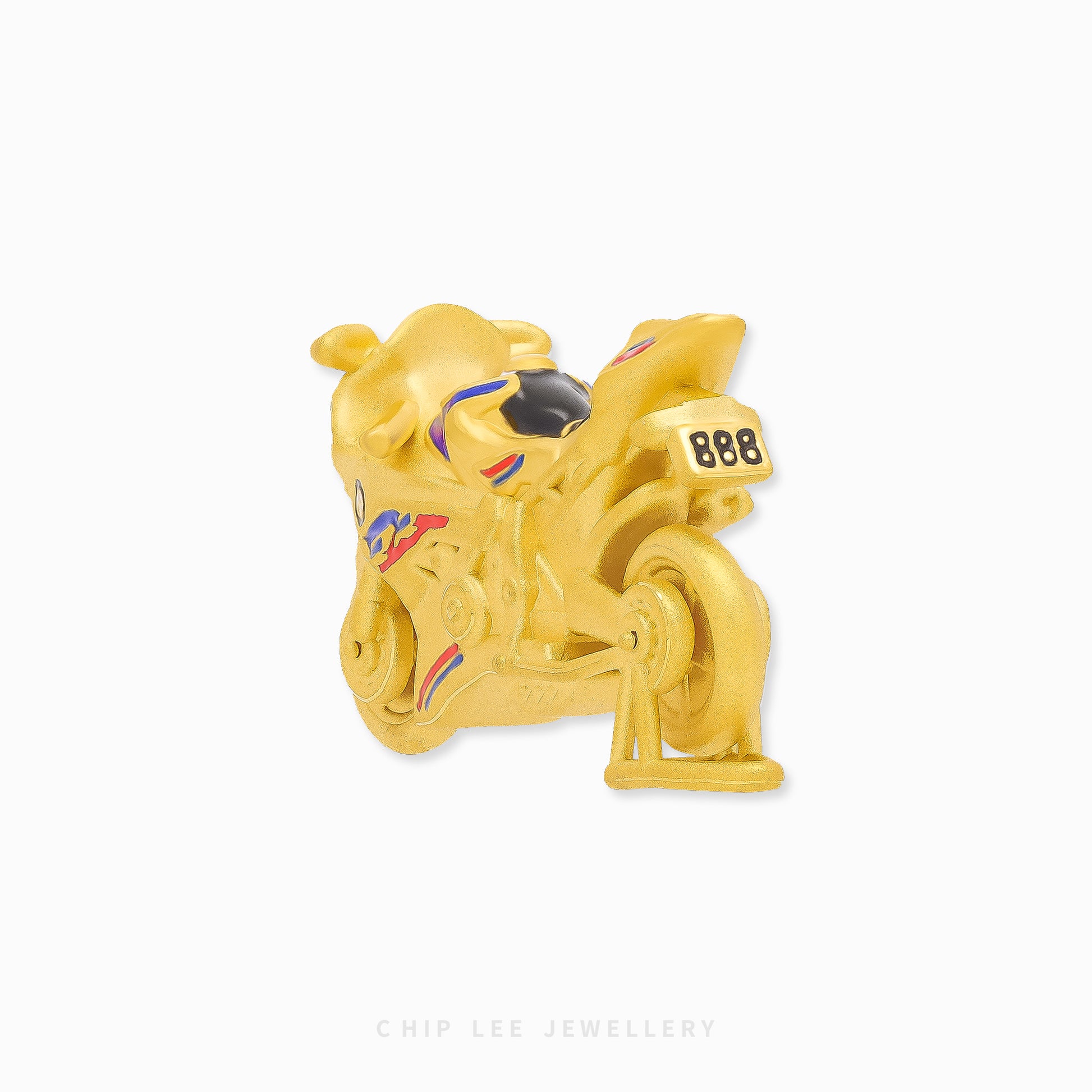 999 Pure Gold Enamel Motorbike Figurine by Chip Lee Jewellery, 24K gold with vibrant enamel detailing, symbolising freedom and luxury