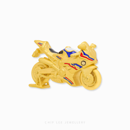 999 Pure Gold Enamel Motorbike Figurine by Chip Lee Jewellery, 24K gold with vibrant enamel detailing, symbolising freedom and luxury