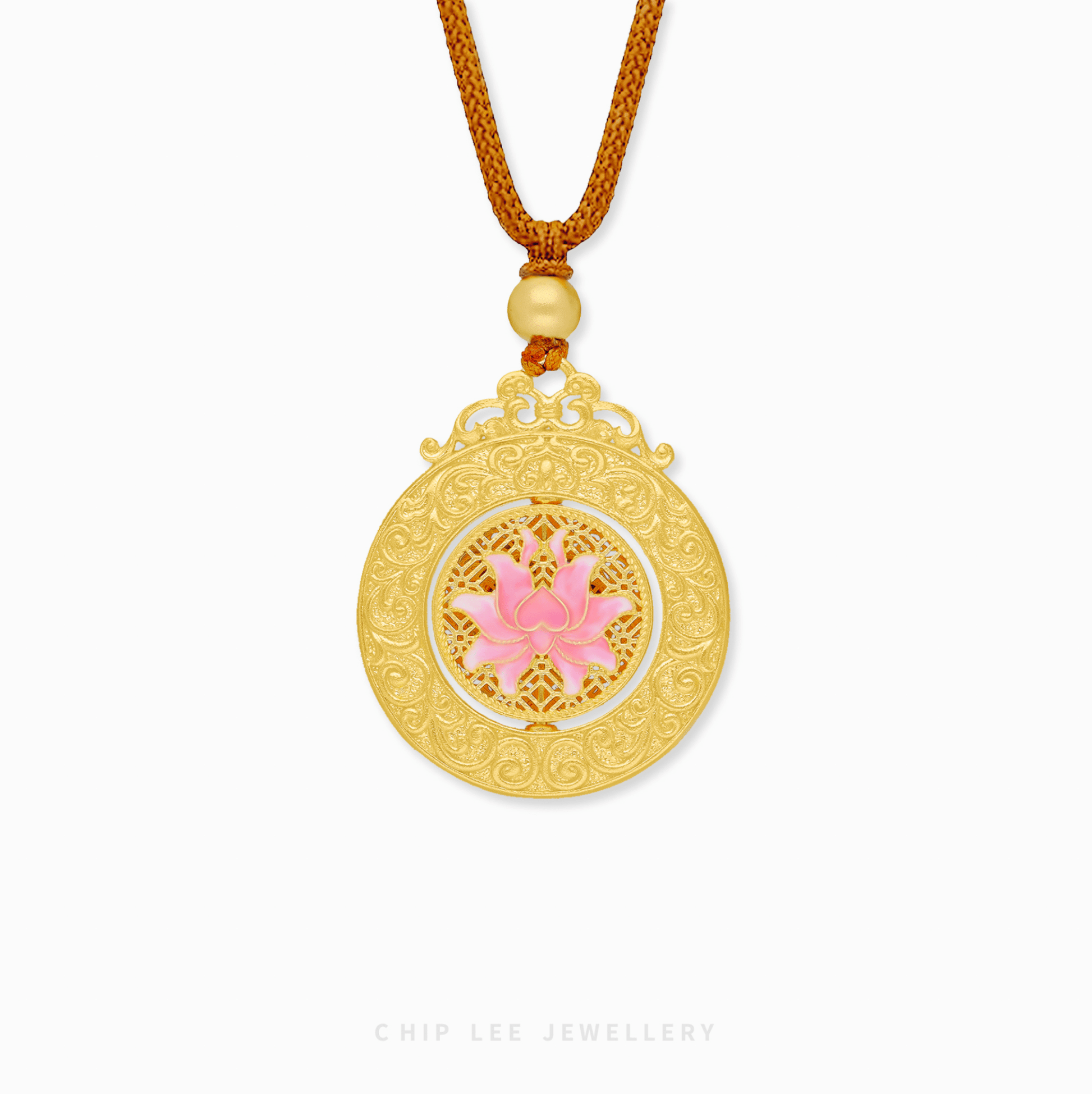999 Pure Gold Enchanted Lotus Gu Fa Jin Necklace with lotus motif, symbolising purity and enlightenment.