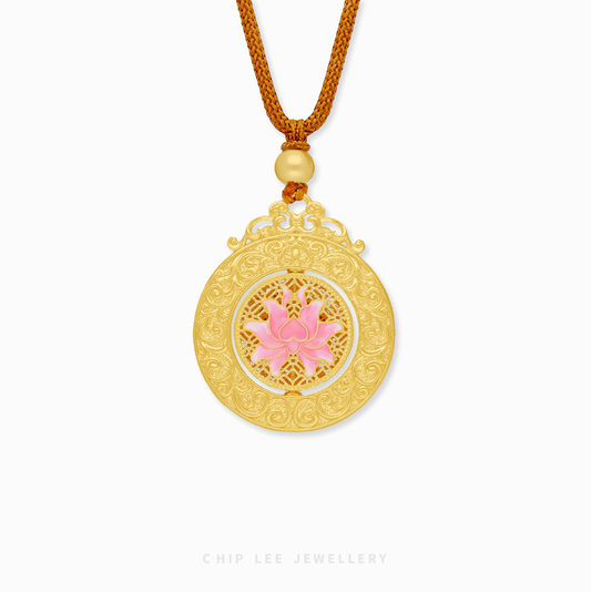 999 Pure Gold Enchanted Lotus Gu Fa Jin Necklace with lotus motif, symbolising purity and enlightenment.