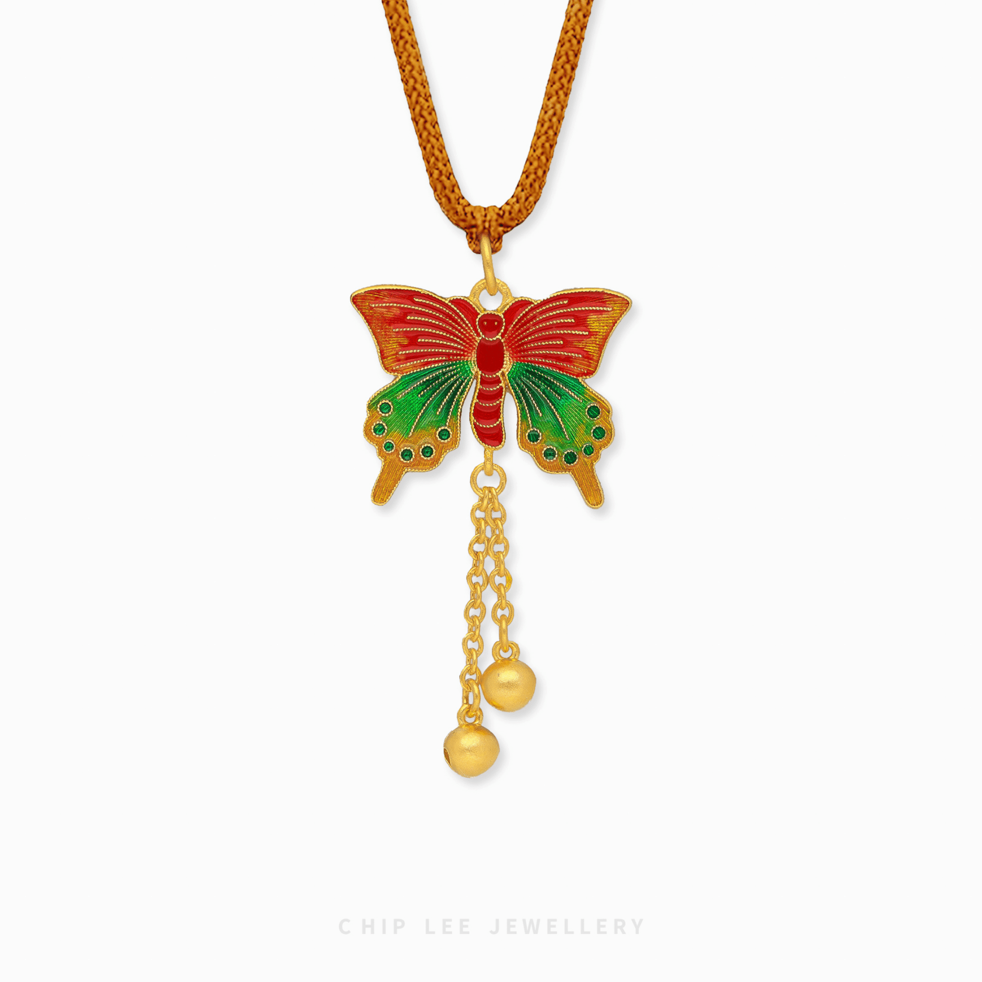 999 Pure Gold Ethereal Butterfly Gu Fa Jin Necklace featuring twin butterflies symbolising transformation and freedom.