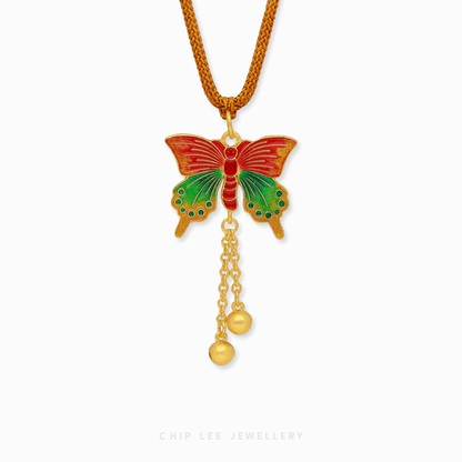 999 Pure Gold Ethereal Butterfly Gu Fa Jin Necklace featuring twin butterflies symbolising transformation and freedom.