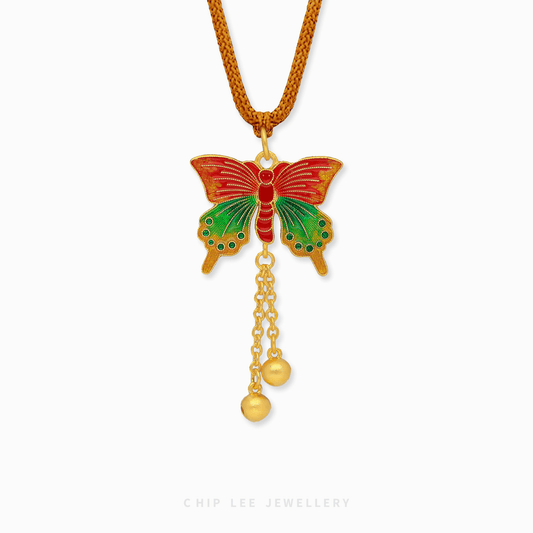 999 Pure Gold Ethereal Butterfly Gu Fa Jin Necklace featuring twin butterflies symbolising transformation and freedom.